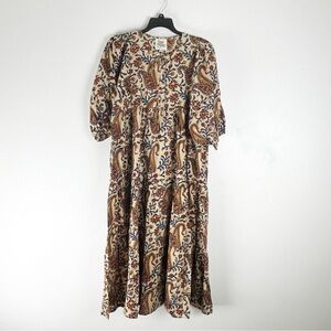 RIVER GODDESS Kaaya 100% Cotton Rani Print Puff Sleeves Maxi Dress Size Medium